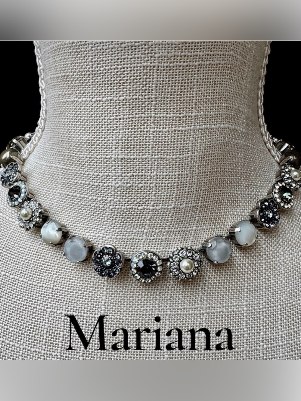 🩶MARIANA Silver Gray Ivory Necklace Featuring Pearls, Stones & Swarovski Glitz